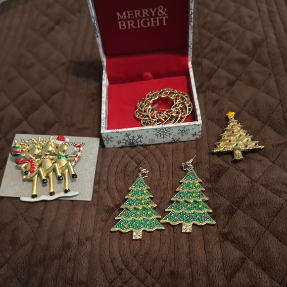 Festive Green and Gold Christmas Tree Earrings and various Christmas brooches - Picture 1 of 1